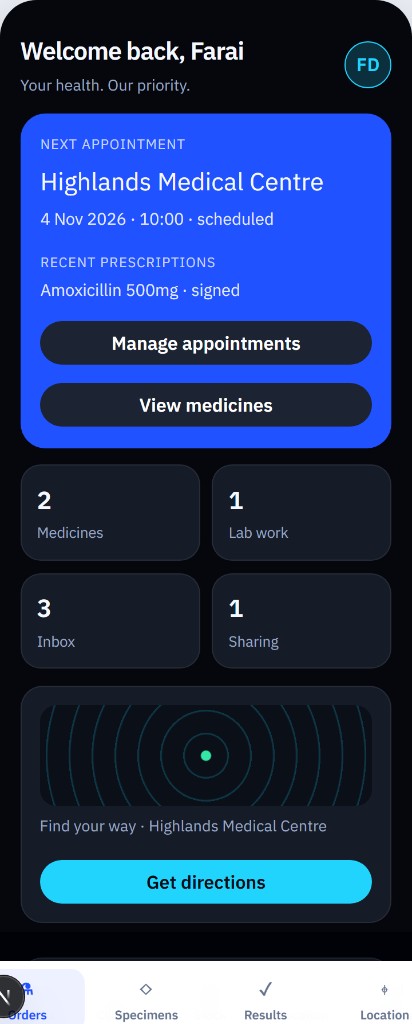 Poneswa patient mobile app home with appointments and medicines